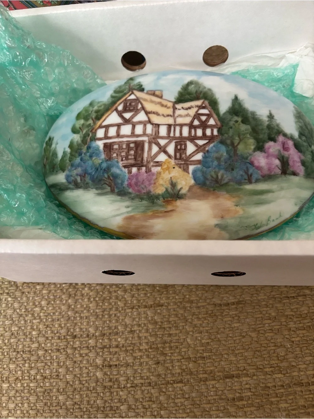 Hand-Painted Porcelain Trinket Box with Cottage Scene - White